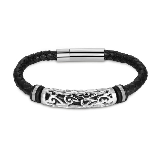 Punk Leather Bracelet – Stainless Steel Clasp Cuff for Men & Women