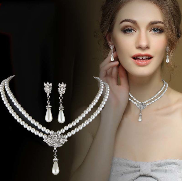 Bridal Pearl Crystal Jewelry Set – Elegant Short Necklace & Earrings for Weddings