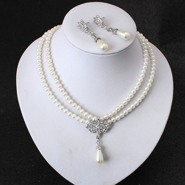 Bridal Pearl Crystal Jewelry Set – Elegant Short Necklace & Earrings for Weddings