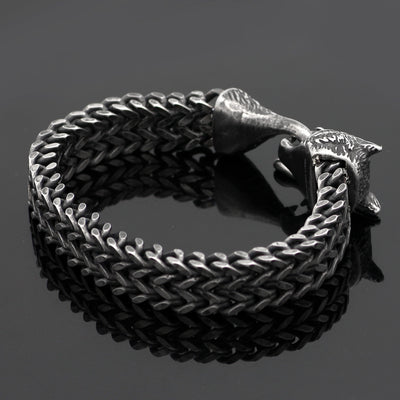 Men’s Wolf Head Bracelet – Vintage Black Stainless Steel Cuban Chain Wristband