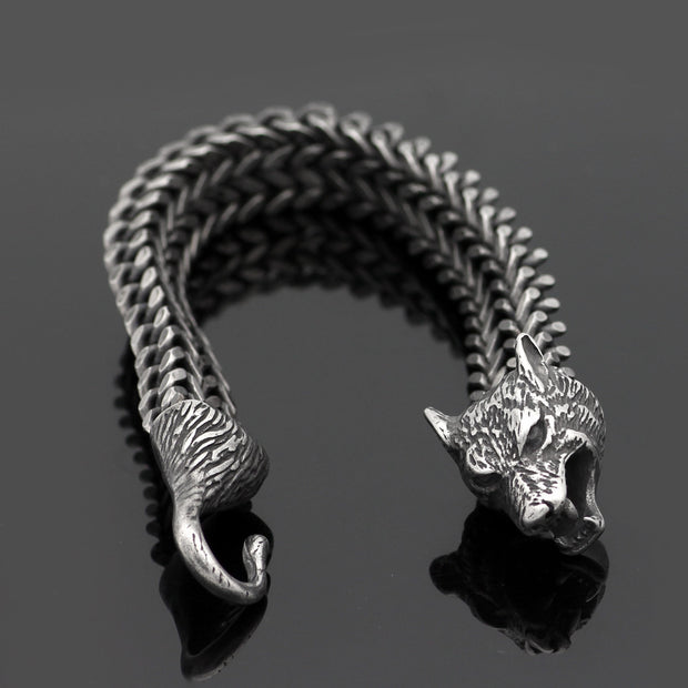 Men’s Wolf Head Bracelet – Vintage Black Stainless Steel Cuban Chain Wristband