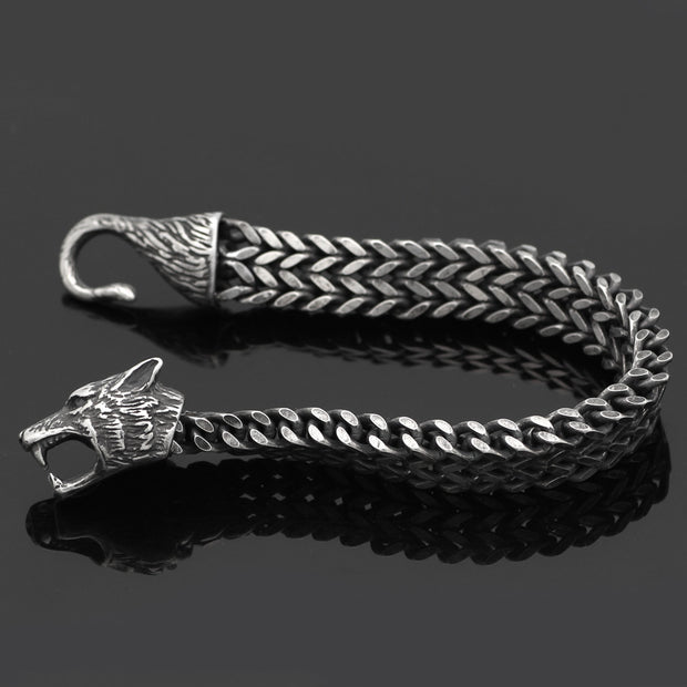 Men’s Wolf Head Bracelet – Vintage Black Stainless Steel Cuban Chain Wristband