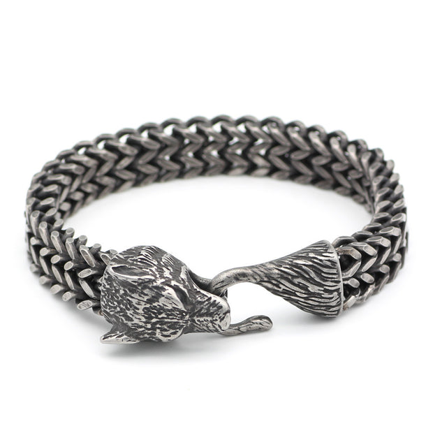 Men’s Wolf Head Bracelet – Vintage Black Stainless Steel Cuban Chain Wristband