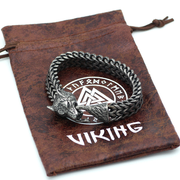 Men’s Wolf Head Bracelet – Vintage Black Stainless Steel Cuban Chain Wristband