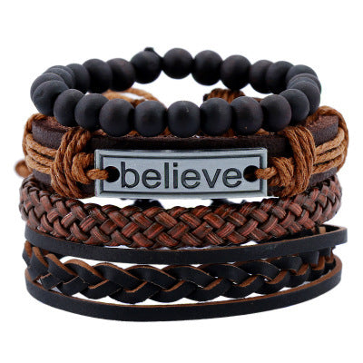 Men’s Leather Bracelet –Believe Charm Wristband for Casual or Gift Wear