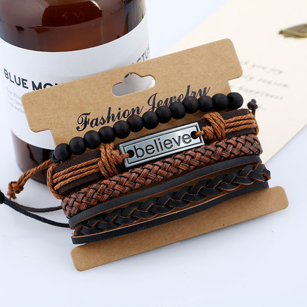 Men’s Leather Bracelet –Believe Charm Wristband for Casual or Gift Wear