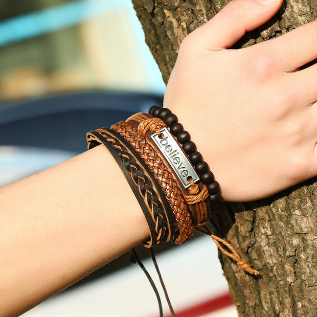 Men’s Leather Bracelet –Believe Charm Wristband for Casual or Gift Wear