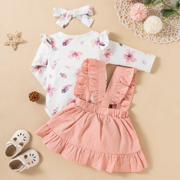 Baby Girl 3-Piece Outfit – Printed Romper, Ruffle Dress & Headdress