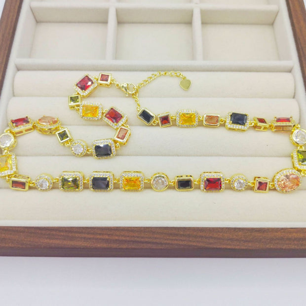 Colorful Zircon Chain Necklace – Personalized Rectangular Alloy Jewelry for Women