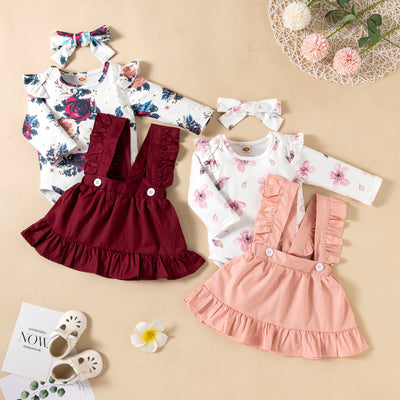 Baby Girl 3-Piece Outfit – Printed Romper, Ruffle Dress & Headdress