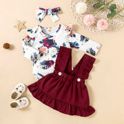 Baby Girl 3-Piece Outfit – Printed Romper, Ruffle Dress & Headdress