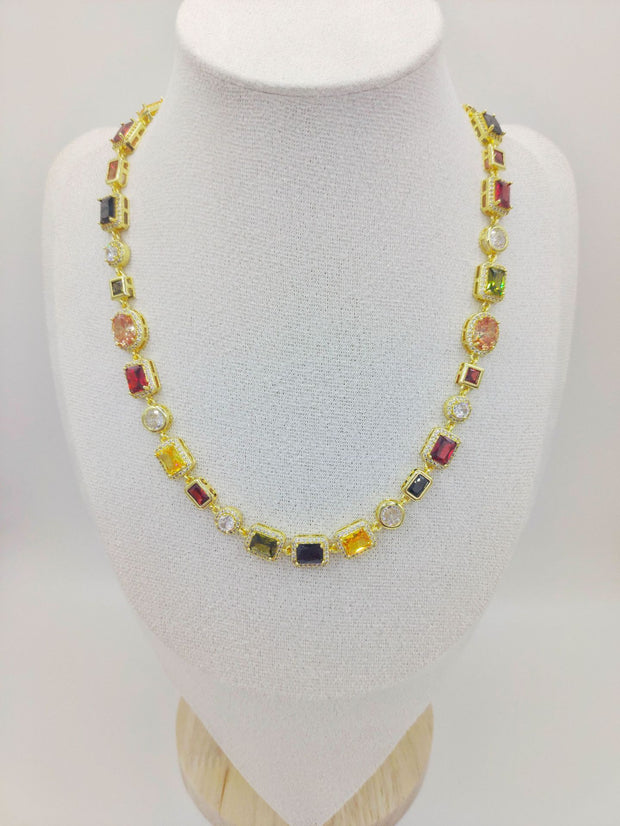 Colorful Zircon Chain Necklace – Personalized Rectangular Alloy Jewelry for Women
