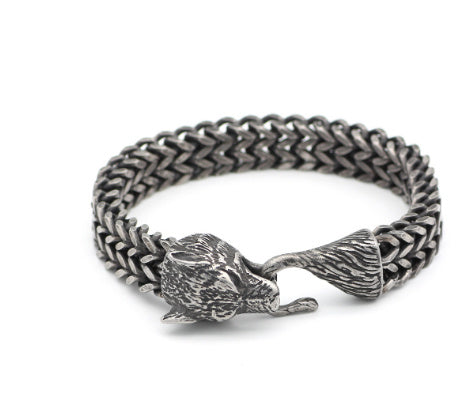 Men’s Wolf Head Bracelet – Vintage Black Stainless Steel Cuban Chain Wristband
