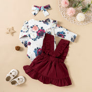 Baby Girl 3-Piece Outfit – Printed Romper, Ruffle Dress & Headdress