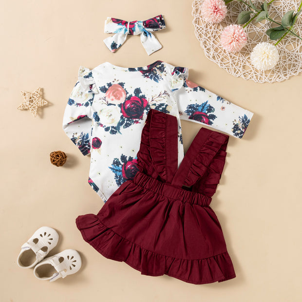 Baby Girl 3-Piece Outfit – Printed Romper, Ruffle Dress & Headdress