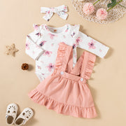 Baby Girl 3-Piece Outfit – Printed Romper, Ruffle Dress & Headdress